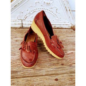 Vintage 1970s Womens Leather Chunky Heel Wedge Loafer size 7